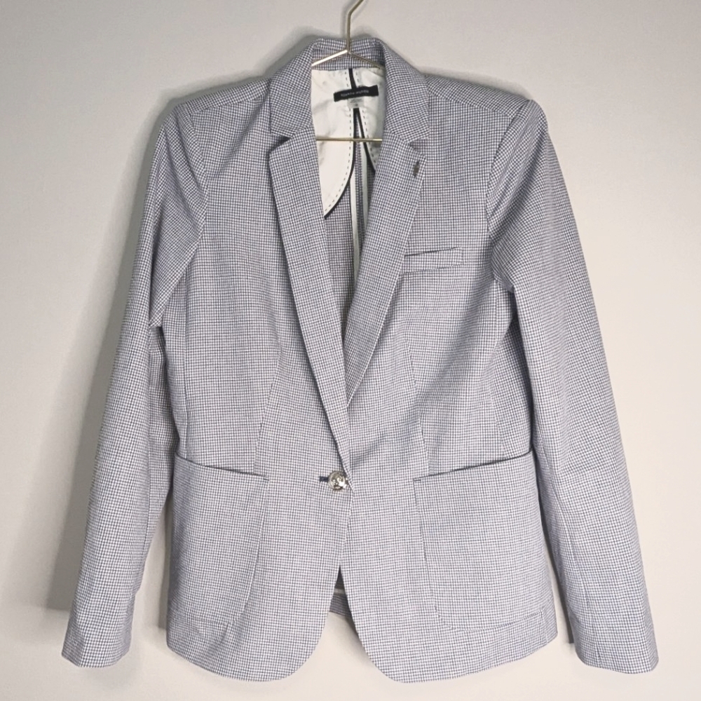 Tommy Hilfiger One Button Lined Blazer Size 10 Blue White Check Striped EUC